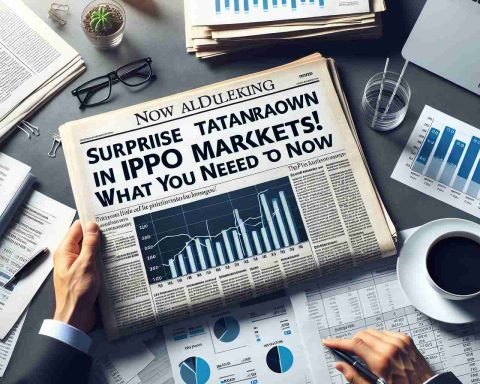 An image of a financial newspaper headline reading 'Surprise Turnaround in IPO Markets! What You Need to Know Now.', placed on top of a business desk. The desk has scattered papers and reports, an open laptop, a cup of coffee and a pair of glasses. The laptop screen shows bar graphs and line forecasts related to IPO trends, in high quality realism