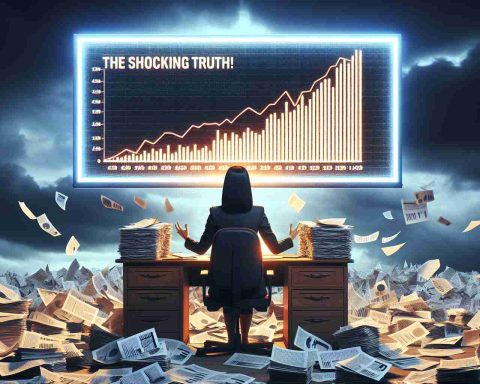 Create a photo-realistic high definition image showcasing a dramatic scene. In the scene, depict an analyst sitting behind a desk strewn with papers symbolizing statistical data. The analyst, a Caucasian woman with glasses, is presenting findings via a brightly lit, large screen behind her. The screen displays a bar graph showing significant changes; it's titled 'The Shocking Truth!'. The analyst conveys an expression of serious revelation, adding suspense and profundity to the scene. Remember to emphasize the contrast and saturation to represent the titular 'Shocking Truth!'.