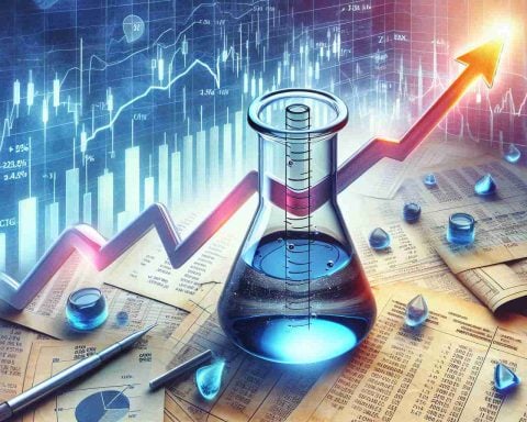 A high-definition, realistic picture of a visual interpretation of 'The Secret Stock Formula Driving Incredible Gains'. This image may include a slippery formula flask with ascending arrows, indicative of growing stock positions, and splayed out documents filled with complex charts, numbers, and equations related to stock trading. The picture's setting should resonate with a business or financial theme.