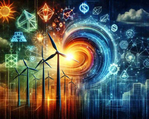 A high definition, realistic image of an emerging new power in the field of renewable energy. This picture should depict an abstract concept highlighting the ascendance and potential of this energy player, possibly with elements such as wind turbines, solar panels, or other symbols of renewable energy. Next to this, a representation of a 'big deal', suggesting a significant breakthrough, accomplishment, or partnership in the energy sector. Please use bold, vivid colors to emphasize the importance and potential of this new energy player and the big deal.