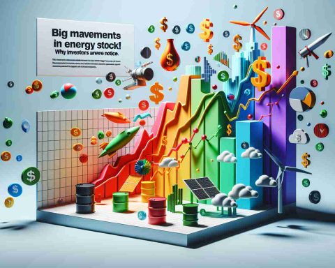 A 3D graph representing significant changes in energy stocks, signifying important market movements. The graph, set against a simple and clean backdrop, boasts vibrant colors to distinguish different energy sectors and their performances. Floating around the graph are related finance and energy symbols, such as oil barrels, solar panels, wind turbines, and dollar signs. At the top of the image, a ticker banner displays the text: 'Big Movements in Energy Stock! Why Investors Are Taking Notice.'