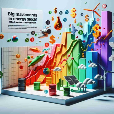 A 3D graph representing significant changes in energy stocks, signifying important market movements. The graph, set against a simple and clean backdrop, boasts vibrant colors to distinguish different energy sectors and their performances. Floating around the graph are related finance and energy symbols, such as oil barrels, solar panels, wind turbines, and dollar signs. At the top of the image, a ticker banner displays the text: 'Big Movements in Energy Stock! Why Investors Are Taking Notice.'