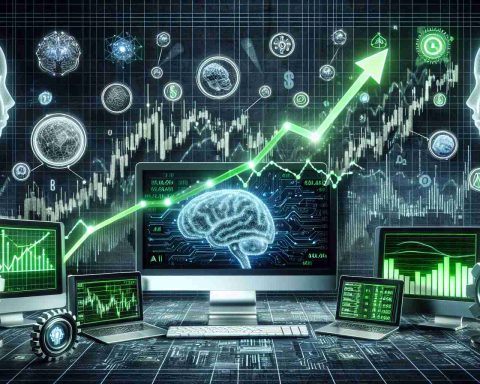 Generate a high-definition, realistic image representing the concept of artificial intelligence (AI) stocks experiencing a sudden surge. The image should primarily consist of elements symbolic of the stock market and AI, as if capturing the moment of a dramatic increase in value. Please include a graph showing an escalating trend line, trading screens displaying green number surges, and AI-related icons like neural networks or robot heads.