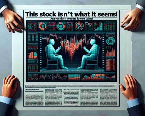 Create a high-definition realistic image showcasing a metaphorical representation of a stock whose future value is being contended by analysts. Display two analysts represented by symbolic figures engaging in a thoughtful debate over a digital chart that cryptically represents the stock's unpredictable trajectory. Include the headline 'This Stock Isn't What It Seems! Analysts Clash Over Its Future Value' in bold and prominent letters.