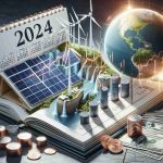 A finely detailed, high-definition image illustrating the prospective breakthrough year for renewable energy investors in 2024. Display a calendar opened to the year 2024 with pages depicting solar panels, wind turbines, and hydroelectric dams. Show financial graphs and charts with an upward trend, symbolizing increased investment in this sector. Scatter some coins and dollar bills to represent the monetary aspect of the investments. Also, have a globe in the background to represent the global impact of adopting renewable energy.