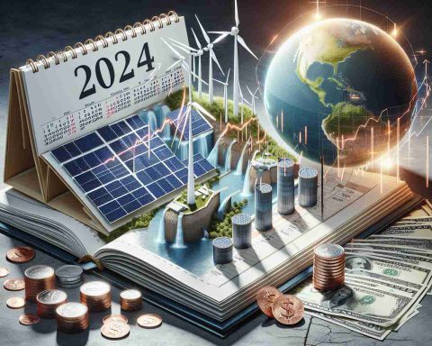 A finely detailed, high-definition image illustrating the prospective breakthrough year for renewable energy investors in 2024. Display a calendar opened to the year 2024 with pages depicting solar panels, wind turbines, and hydroelectric dams. Show financial graphs and charts with an upward trend, symbolizing increased investment in this sector. Scatter some coins and dollar bills to represent the monetary aspect of the investments. Also, have a globe in the background to represent the global impact of adopting renewable energy.