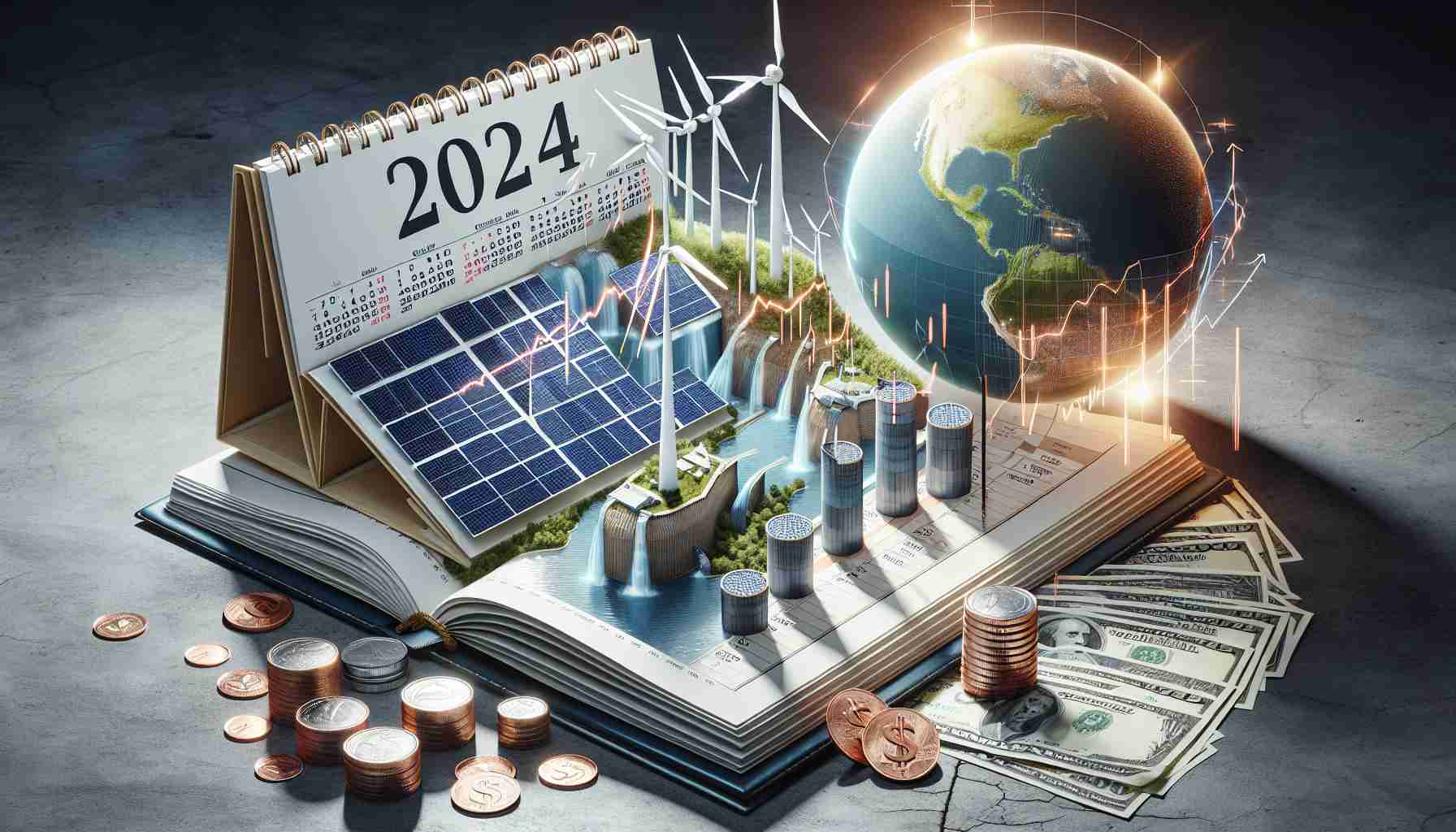 A finely detailed, high-definition image illustrating the prospective breakthrough year for renewable energy investors in 2024. Display a calendar opened to the year 2024 with pages depicting solar panels, wind turbines, and hydroelectric dams. Show financial graphs and charts with an upward trend, symbolizing increased investment in this sector. Scatter some coins and dollar bills to represent the monetary aspect of the investments. Also, have a globe in the background to represent the global impact of adopting renewable energy.