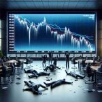 Realistic high definition image depicting a shaken stock market scene. A big screen in the background is displaying a graph with a significant drop, symbolizing a major player experiencing an unprecedented dip today.