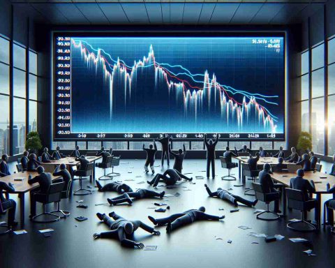 Realistic high definition image depicting a shaken stock market scene. A big screen in the background is displaying a graph with a significant drop, symbolizing a major player experiencing an unprecedented dip today.