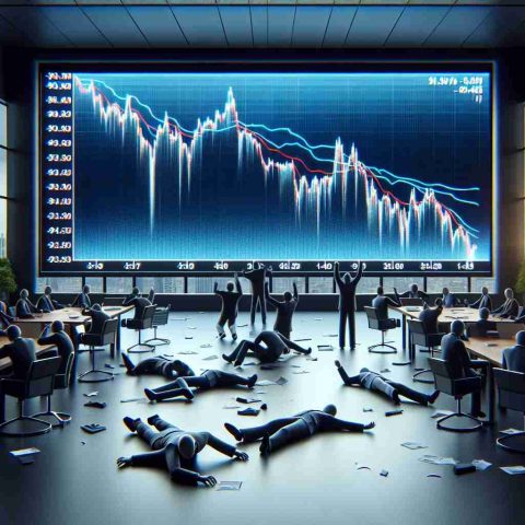 Realistic high definition image depicting a shaken stock market scene. A big screen in the background is displaying a graph with a significant drop, symbolizing a major player experiencing an unprecedented dip today.