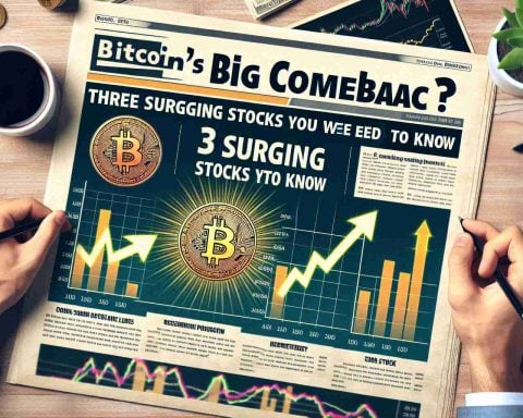 Generate a realistic High-Definition image of a newspaper-style headline that reads, 'Bitcoin’s Big Comeback? Three Surging Stocks You Need to Know'. Below the headline, show a symbolic representation of Bitcoin with upward arrows indicating a surge. Additionally, depict three different bar charts, each representing a different stock, showing an upward trend.