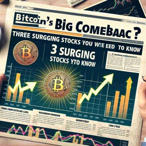 Generate a realistic High-Definition image of a newspaper-style headline that reads, 'Bitcoin’s Big Comeback? Three Surging Stocks You Need to Know'. Below the headline, show a symbolic representation of Bitcoin with upward arrows indicating a surge. Additionally, depict three different bar charts, each representing a different stock, showing an upward trend.