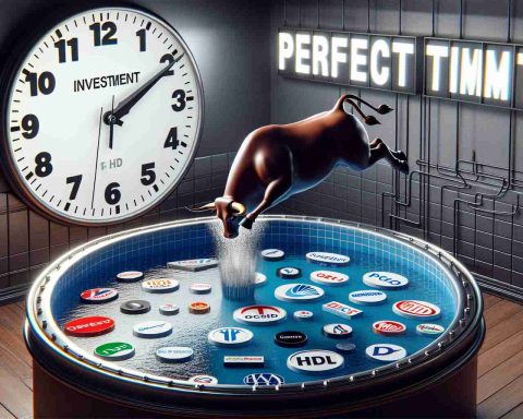 Realistic HD visualization of a metaphor representing the perfect time to dive into oil and gas investment firms. In the background, display a clock showing seconds ticking towards twelve to symbolize the perfect time. In the foreground, depict an anthropomorphized bull, wearing a business suit, metaphorically diving into a pool filled with symbolic oil and gas company logos. The word 'Investment' can be seen in large, bold letters above the pool.