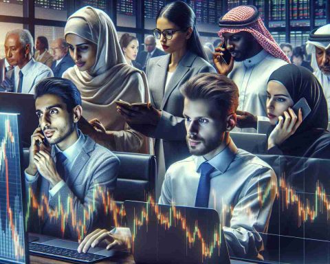 High definition, realistic image showcasing a diverse group of investors in a bustling and dynamic environment, fully alert and engrossed in their activities. Portray a Middle-Eastern woman and a Caucasian man examining stock market charts on a digital screen, exhibiting anticipation and excitement. Give an impression of potential profits sparking their interest. Our South Asian man is analyzing data meticulously on his laptop. Lastly, let's have an African woman engaged in an intense phone conversation, potentially negotiating a hefty deal.