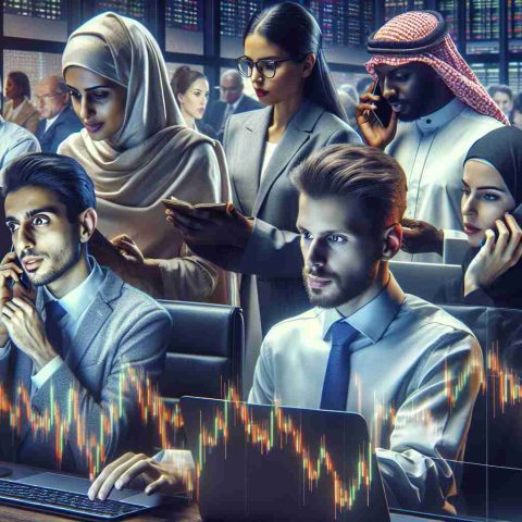 High definition, realistic image showcasing a diverse group of investors in a bustling and dynamic environment, fully alert and engrossed in their activities. Portray a Middle-Eastern woman and a Caucasian man examining stock market charts on a digital screen, exhibiting anticipation and excitement. Give an impression of potential profits sparking their interest. Our South Asian man is analyzing data meticulously on his laptop. Lastly, let's have an African woman engaged in an intense phone conversation, potentially negotiating a hefty deal.