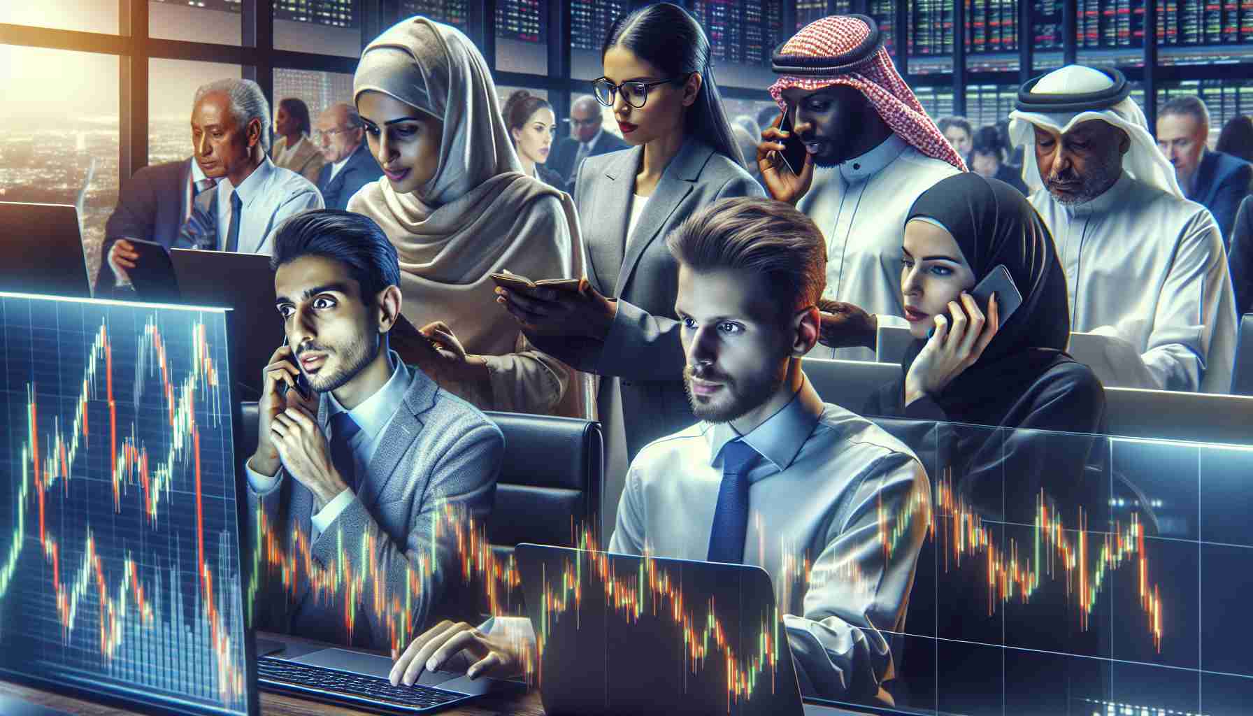 High definition, realistic image showcasing a diverse group of investors in a bustling and dynamic environment, fully alert and engrossed in their activities. Portray a Middle-Eastern woman and a Caucasian man examining stock market charts on a digital screen, exhibiting anticipation and excitement. Give an impression of potential profits sparking their interest. Our South Asian man is analyzing data meticulously on his laptop. Lastly, let's have an African woman engaged in an intense phone conversation, potentially negotiating a hefty deal.