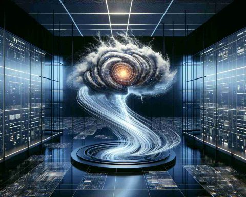 A realistic high-definition image representing the concept of artificial intelligence. Depict a whirling storm, captured in a sophisticated, high-tech environment possibly symbolizing a lab or innovation center. Embedded within the storm, show a glowing brain formed from swirling digital code, symbolizing the groundbreaking innovation in AI technology. Please adhere to a modern technological aesthetic, reflecting sleek design, cutting-edge technology, and forward-thinking progress.