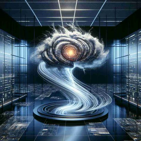 A realistic high-definition image representing the concept of artificial intelligence. Depict a whirling storm, captured in a sophisticated, high-tech environment possibly symbolizing a lab or innovation center. Embedded within the storm, show a glowing brain formed from swirling digital code, symbolizing the groundbreaking innovation in AI technology. Please adhere to a modern technological aesthetic, reflecting sleek design, cutting-edge technology, and forward-thinking progress.