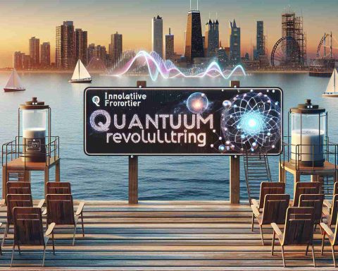 Generate an image of an innovative technology frontier on the coast. It should look like an area where unseen revolutionary quantum technologies are researched and developed. This image should have a high-definition, realistic look to it. Please include a sign with the text 'Quantum Revolution Brewing'.