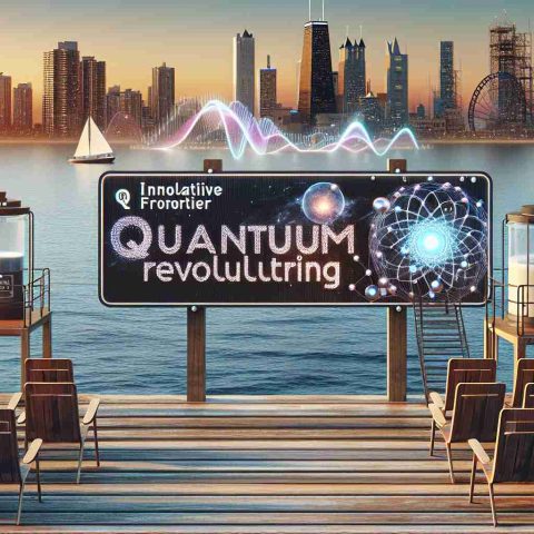 Generate an image of an innovative technology frontier on the coast. It should look like an area where unseen revolutionary quantum technologies are researched and developed. This image should have a high-definition, realistic look to it. Please include a sign with the text 'Quantum Revolution Brewing'.