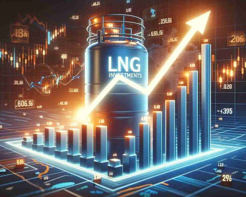 Realistically rendered high definition image showcasing the theme of 'LNG Investments' trending currently. It features an illustrative stock market graph ascending, symbolizing the untapped potential of LNG (Liquefied Natural Gas) Investments. Keep in mind, the image is not intended to provide financial advice.