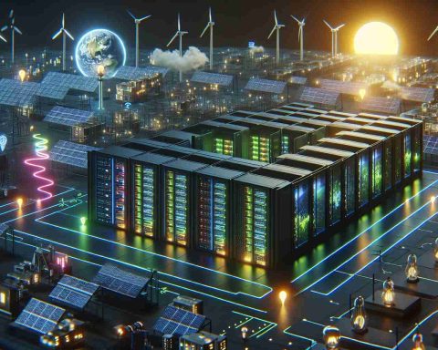 Create a hyper-realistic HD image representing the revolution in energy use. Depict a large data center located in Europe with numerous server racks. Show some servers glowing in neon colors, indicating high activity, while others are dark, indicating reduced activity. The area should exude progress and innovation, with renewable energy sources like solar panels and wind turbines included in the scene. Use visual cues like current flowing, lightbulbs illuminating, gears turning, and screens displaying complex data visualizations to convey the idea of a large-scale shift towards sustainable, efficient energy use.