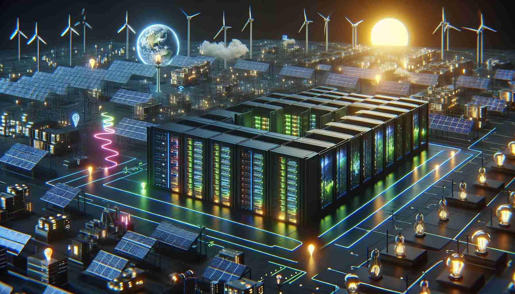 Create a hyper-realistic HD image representing the revolution in energy use. Depict a large data center located in Europe with numerous server racks. Show some servers glowing in neon colors, indicating high activity, while others are dark, indicating reduced activity. The area should exude progress and innovation, with renewable energy sources like solar panels and wind turbines included in the scene. Use visual cues like current flowing, lightbulbs illuminating, gears turning, and screens displaying complex data visualizations to convey the idea of a large-scale shift towards sustainable, efficient energy use.