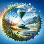 A detailed, HD-quality photograph depicting a symbolic representation of a significant, positive change for our planet. This could include a lush, vibrant forest, a clear blue sky free from pollution, solar panels and wind turbines, or other forms of clean energy. Also include symbols that might suggest the start of a new era, such as a sunrise or an hourglass running out of sand but simultaneously refilling from another source, indicating renewal and hope.