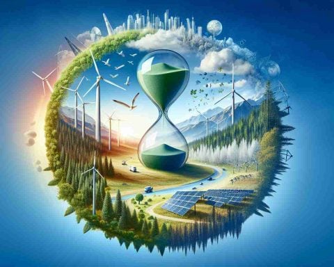 A detailed, HD-quality photograph depicting a symbolic representation of a significant, positive change for our planet. This could include a lush, vibrant forest, a clear blue sky free from pollution, solar panels and wind turbines, or other forms of clean energy. Also include symbols that might suggest the start of a new era, such as a sunrise or an hourglass running out of sand but simultaneously refilling from another source, indicating renewal and hope.