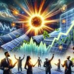 A detailed and vivid, high-quality image depicting the concept of the Invesco Solar Energy ETF shining brightly, symbolizing its attractiveness to green investors. The image could include visual elements like radiant solar panels, a rising sun, an electronically shown stock market graph showing an uptick, and representations of various investors, clearly engaged and attracted towards this bright spot. The investors could include a Hispanic man, an Asian woman, a Middle Eastern man, and a Caucasian woman, all dressed in business attire.