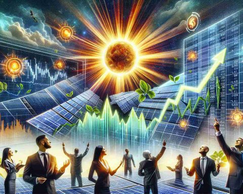 A detailed and vivid, high-quality image depicting the concept of the Invesco Solar Energy ETF shining brightly, symbolizing its attractiveness to green investors. The image could include visual elements like radiant solar panels, a rising sun, an electronically shown stock market graph showing an uptick, and representations of various investors, clearly engaged and attracted towards this bright spot. The investors could include a Hispanic man, an Asian woman, a Middle Eastern man, and a Caucasian woman, all dressed in business attire.