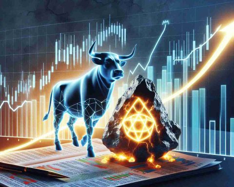 Create a realistic high definition photo that symbolizes the unexpected spike in uranium stocks. The image should illustrate key elements such as financial graphs with a rising trend, glowing uranium rocks, and symbolic representations of economic forces like a bull driving forward.