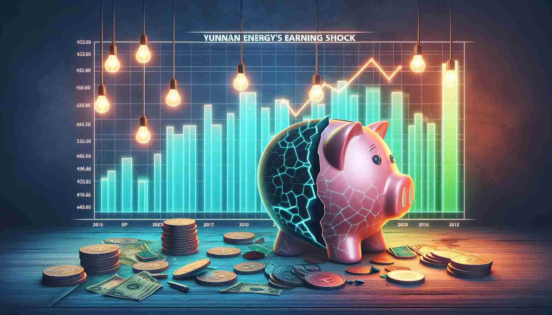 A HD image representing the concept of Yunnan Energy’s earnings shock, using visual metaphors related to the business and finance sectors. Depict the concept of fading future growth hopes, possibly with a chart showing a downward trend, a cracked piggy bank, or dimming lights. The style should be realistic.