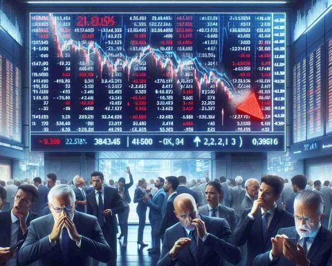 Generate a realistic high-definition image depicting a scene of a stock market crash. Include a large, digital stock market board displaying rapidly decreasing numbers and percentages. Show concerned investors on the trading floor, with expressions of worry and confusion. The atmosphere should embody a sense of urgency and uncertainty.