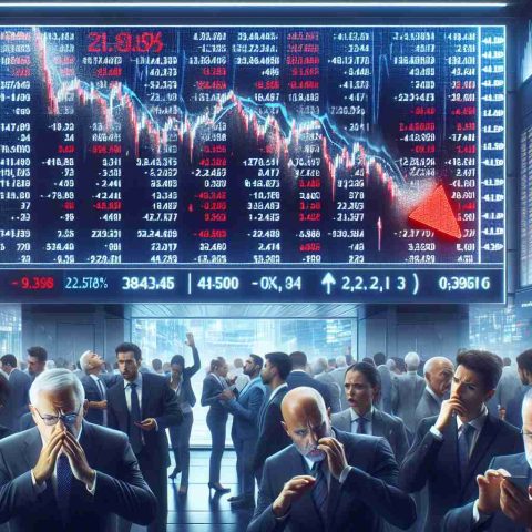 Generate a realistic high-definition image depicting a scene of a stock market crash. Include a large, digital stock market board displaying rapidly decreasing numbers and percentages. Show concerned investors on the trading floor, with expressions of worry and confusion. The atmosphere should embody a sense of urgency and uncertainty.