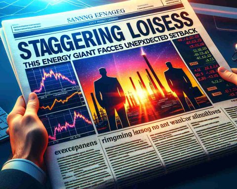 A vivid, high-definition image featuring a headline of a newspaper reading 'Staggering Losses Revealed! This Energy Giant Faces Unexpected Setback.' The headline should be in bold, authoritative font, taking the top half of the paper. In the lower half, depict elements like stock market charts with downward trends, an energy plant with signs of a halt in operations, and silhouettes of distressed executives. The rimming light of the sunrise behind the newspaper suggests a new day of challenges.