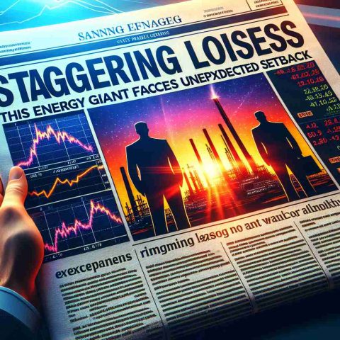 A vivid, high-definition image featuring a headline of a newspaper reading 'Staggering Losses Revealed! This Energy Giant Faces Unexpected Setback.' The headline should be in bold, authoritative font, taking the top half of the paper. In the lower half, depict elements like stock market charts with downward trends, an energy plant with signs of a halt in operations, and silhouettes of distressed executives. The rimming light of the sunrise behind the newspaper suggests a new day of challenges.