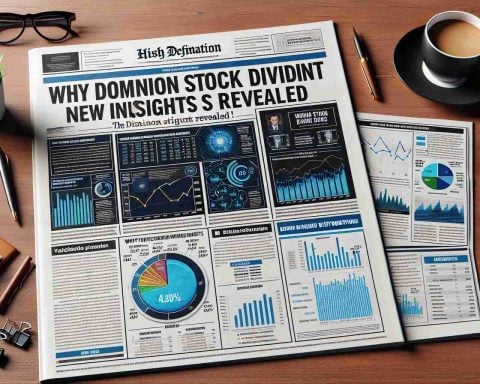 High definition, realistically styled image of a newspaper article titled 'Why Dominion Stock Dividend Matters! New Insights Revealed'. The article contains infographics and charts presenting the new findings. The page is adorned with detailed stock market graphs, a pie chart depicting dividends distribution, and a bar graph showing historical performance. The background setting is a desk with a cup of coffee, a pen, and a pair of eyeglasses laid out beside the newspaper.