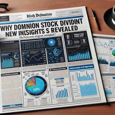 High definition, realistically styled image of a newspaper article titled 'Why Dominion Stock Dividend Matters! New Insights Revealed'. The article contains infographics and charts presenting the new findings. The page is adorned with detailed stock market graphs, a pie chart depicting dividends distribution, and a bar graph showing historical performance. The background setting is a desk with a cup of coffee, a pen, and a pair of eyeglasses laid out beside the newspaper.