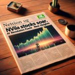 An image of a hypothetical newspaper headline that reads, 'NVIDIA Stocks Soar. AI Revolution Fuels New Heights'. The newspaper is placed on a wooden table with a cup of coffee beside it. The newspaper image includes a photo of metaphorically soaring graphs showcasing the increase in NVIDIA stocks in the AI market. The scene is illuminated with warm indoor light creating a high-definition picture.