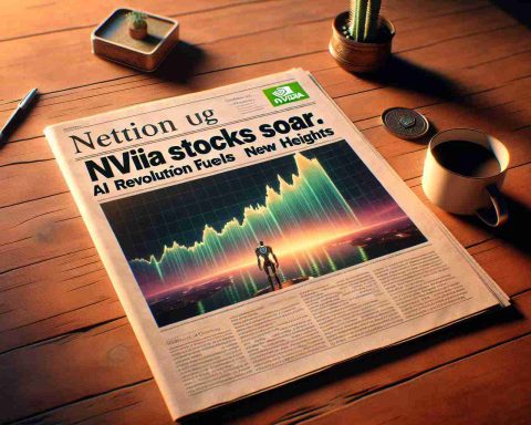 An image of a hypothetical newspaper headline that reads, 'NVIDIA Stocks Soar. AI Revolution Fuels New Heights'. The newspaper is placed on a wooden table with a cup of coffee beside it. The newspaper image includes a photo of metaphorically soaring graphs showcasing the increase in NVIDIA stocks in the AI market. The scene is illuminated with warm indoor light creating a high-definition picture.