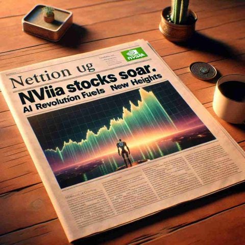 An image of a hypothetical newspaper headline that reads, 'NVIDIA Stocks Soar. AI Revolution Fuels New Heights'. The newspaper is placed on a wooden table with a cup of coffee beside it. The newspaper image includes a photo of metaphorically soaring graphs showcasing the increase in NVIDIA stocks in the AI market. The scene is illuminated with warm indoor light creating a high-definition picture.