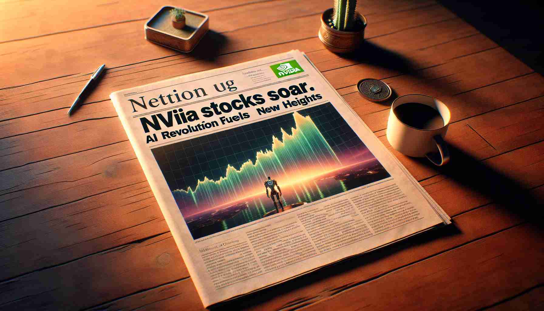 An image of a hypothetical newspaper headline that reads, 'NVIDIA Stocks Soar. AI Revolution Fuels New Heights'. The newspaper is placed on a wooden table with a cup of coffee beside it. The newspaper image includes a photo of metaphorically soaring graphs showcasing the increase in NVIDIA stocks in the AI market. The scene is illuminated with warm indoor light creating a high-definition picture.