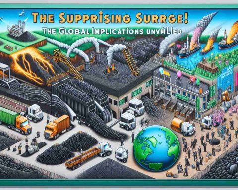 Detailed image depicting the surprising surge of a fictional coal company. Show various stages of coal extraction, employees working diligently on the mining site, and coal-filled trucks heading out. Integrate global implications in the image by portraying different symbols of the countries potentially affected by this rise. Contains text stating 'The Surprising Surge! The Global Implications Unveiled' for context.