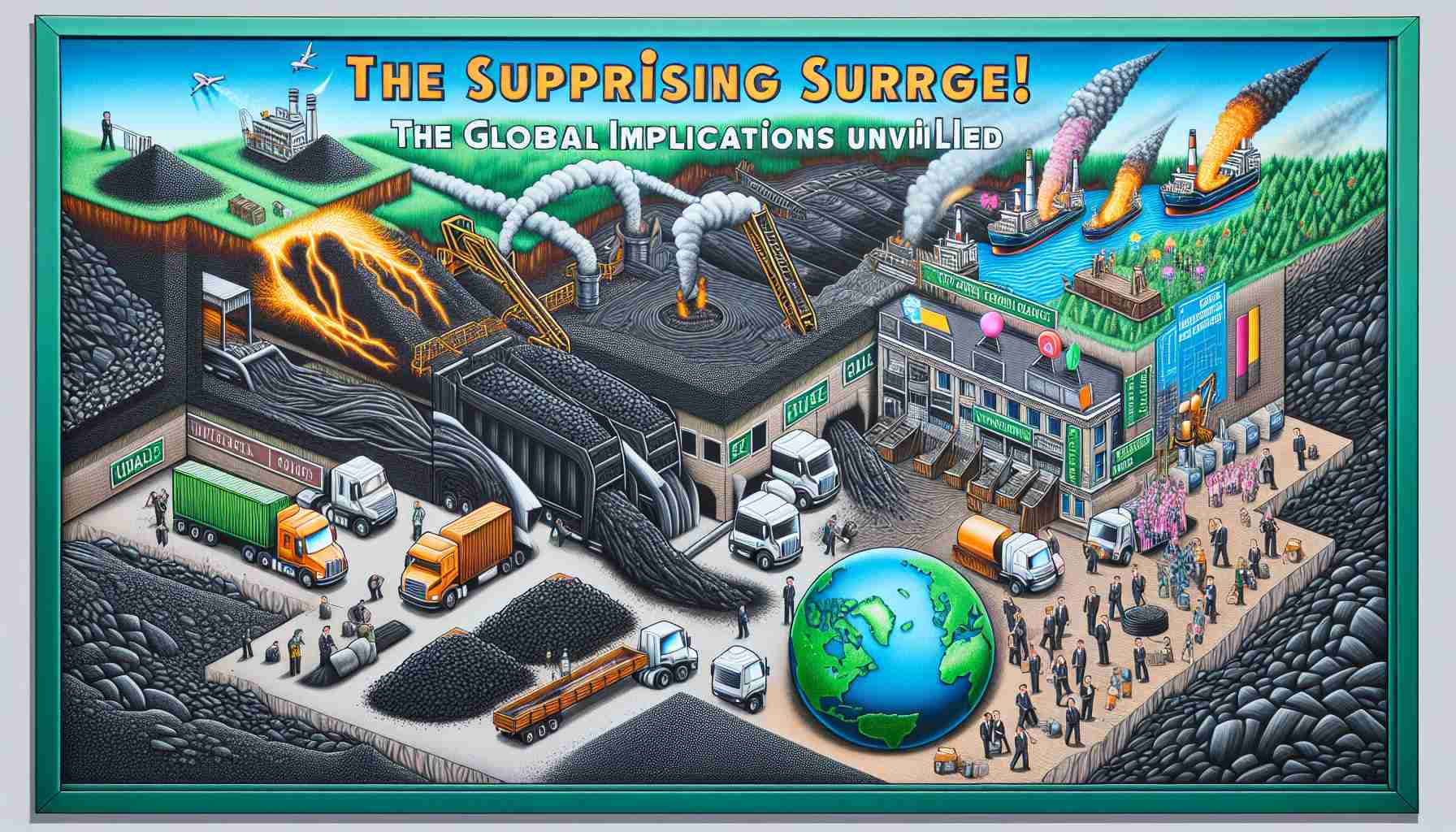 Detailed image depicting the surprising surge of a fictional coal company. Show various stages of coal extraction, employees working diligently on the mining site, and coal-filled trucks heading out. Integrate global implications in the image by portraying different symbols of the countries potentially affected by this rise. Contains text stating 'The Surprising Surge! The Global Implications Unveiled' for context.