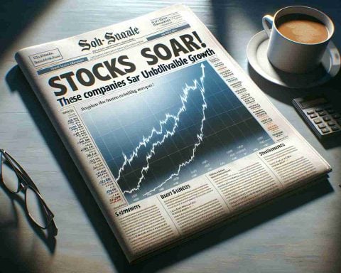 High-definition, realistic image of a newspaper headline stating 'Stocks Soar! These Companies Saw Unbelievable Growth'. The added details include: a chart showing a sharp uptrend line, brief summaries beneath the headline describing the huge increases, and company logos subtly placed in the background. The newspaper is placed on a table with a cup of coffee and pair of reading glasses nearby, providing a sense of morning routine and business atmosphere. Light from a window hits the paper slightly, indicating an early morning. The entire scene expresses optimism and success in the financial markets.