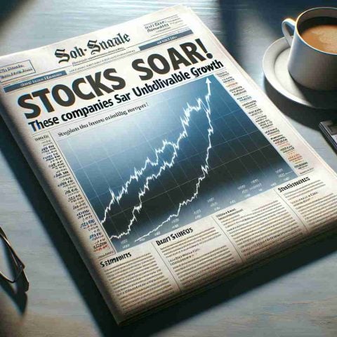 High-definition, realistic image of a newspaper headline stating 'Stocks Soar! These Companies Saw Unbelievable Growth'. The added details include: a chart showing a sharp uptrend line, brief summaries beneath the headline describing the huge increases, and company logos subtly placed in the background. The newspaper is placed on a table with a cup of coffee and pair of reading glasses nearby, providing a sense of morning routine and business atmosphere. Light from a window hits the paper slightly, indicating an early morning. The entire scene expresses optimism and success in the financial markets.