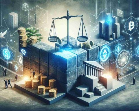 Create a high-definition and realistic image representing the concept of a fintech revolution, with a focus on hidden challenges and opportunities. Feature relevant symbols like digital money and innovative technology overcoming hurdles - depicted by high, solid walls. Also, add a scale to symbolize the balance between challenges and opportunities.