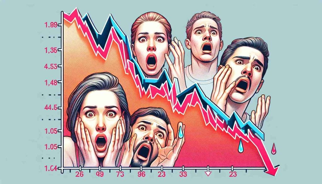 Generate a high-definition, realistic depiction of a dramatic stock market slide, represented graphically as a steep declining chart or graph. Emphasize a sense of stunned reaction, by including faces showing expressions of shock and surprise nearby. Please note that the stock in question is for a hypothetical company, not specifically PTC India.