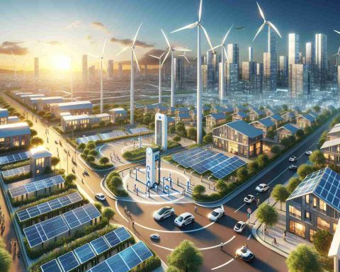 A hyper-realistic, high-definition image showcasing the New Energy Revolution. Show us a bustling community powered by sustainable and innovative energy solutions. Illustrate solar panels glittering under the sun, sleek wind turbines rotating in the breeze, and perhaps even people appreciating a community charging station for electric vehicles. Let's view the harmony between technology and nature, demonstrating that the neighborhood is successfully adopting this new wave of clean, green energy.